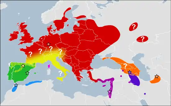 Aire de répartition du Murin cryptique, en jaune