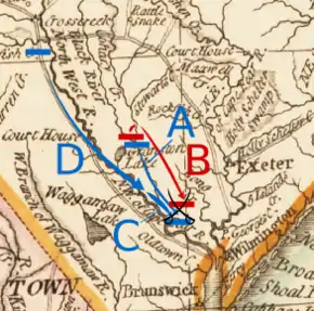 Caswell moves south from Corbett's ferry to Moore's Creek. Lillington and Ashe move south-southeast from Cross Creek to Moore's Creek along the Cape Fear River. Moore follows Lillington and Ashe, but does not reach Moore's Creek.