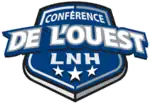 Logo de l'association de l'Ouest représentant un écusson bleu sur lequel est inscrit Conférence de l'Ouest LNH et 3 étoiles