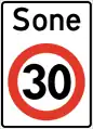 Entrée d'une zone à vitesse limitée à 30 km/h.