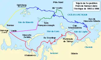 Carte représentant divers trajets lors de l'expédition Fram, de 1893 à 1896
