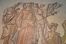 Mosaïque représentant Bacchus monté sur un char de triomphe, et entouré de ses compagnons.