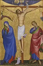 Anonyme Bourguignon, Crucifixion, v. 1400. Panneau issu du Quadriptypique de la vie du Christ. Walters Art Museum.