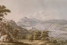 La vallée du Paillon en 1782, avec l'abbaye bénédictine de Saint-Pons et le monastère franciscain de Cimiez.