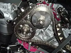 Chaîne de distribution d'un moteur à double arbre à cames en tête.