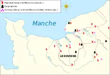 Carte montrant les statues, l'épigraphie et les animaux retrouvés liés au culte de Mercure