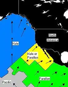 Carte de la situation tectonique il y a environ 70 millions d'années avec la plaque de Kula au nord-ouest, la plaque Farallon au sud-est et la plaque pacifique au sud.