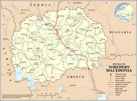 Carte de la Macédoine du Nord montrant sa frontière avec la Bulgarie à l'est