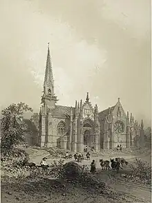Lithographie. Au premier plan, paysage champêtre avec des habitants et quelques vaches. À gauche, une maison. La chapelle est vue en entier, avec le porche des dames en vedette.