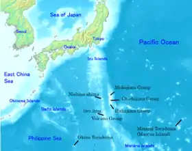 Carte de l'archipel Ogasawara (îles légendées en noir).