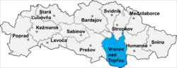 Localisation du district de Vranov nad Topľou dans la région de Prešov (carte interactive)