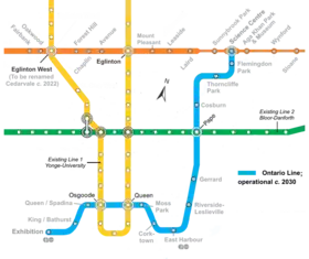 La ligne Ontario telle qu'elle apparaîtra sur le plan du réseau après son ouverture, avec la ligne 5 Eglinton (en haut) en cours de construction