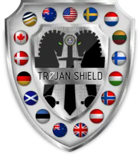 Le sceau de l'opération Trojan Shield du FBI (en haut), le logo de l'opération Ironside de l'AFP (au centre) et le logo de l'application ANOM (en bas)