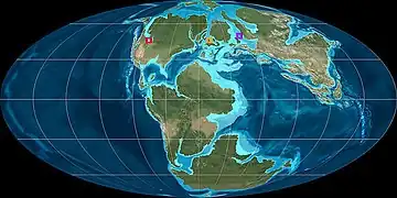 Répartition des fossiles d'Ophtalmosaurus sur une carte du monde à la fin du Jurassique.