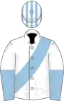 White, light blue sash, halved sleeves, striped cap