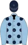 Light blue, dark blue spots, light blue sleeves, dark blue cap