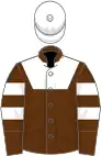 Brown, white yolk, brown sleeves, two white hoops, white cap