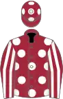 Maroon, white spots, striped sleeves and spots on cap
