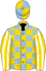 Light blue and yellow check, yellow and white striped sleeves, light blue and yellow quartered cap