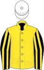 Jaune, manches rayées noires et jaunes, toque blanche