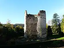 Photo représentant la tour de Vésone, une haute et large tour circulaire en briques située au milieu d'un parc arboré. Sur la gauche, une brèche très importante court de haut en bas de l'édifice, montrant l'intérieur.