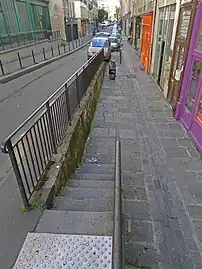 Trottoirs de la rue Amelot en contrebas : vue du boulevard Voltaire