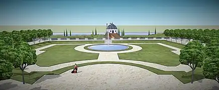 Vue depuis la terrasse du parterre sud de Conflans, avec le moulin dans le fond, état vers 1770.