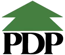 Grosse flèche verte pointée vers le haut au-dessus du sigle PDP en lettres majuscules noires