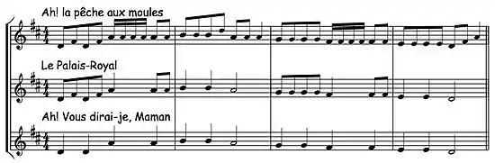 Partitions de « Ah! la pêche aux moules », « Le Palais-Royal » et « Ah! vous dirai-je, Maman »