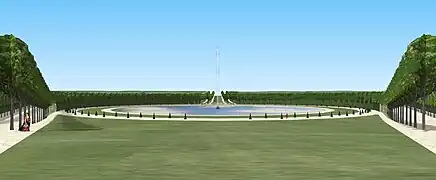 Vue sur le rond d'eau depuis le banc placé dans l'axe, début du XVIIIe&nbsp;siècle.