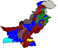 Partis arrivés en tête dans les districts : Parti du peuple pakistanaisLigue musulmane du Pakistan (N)Ligue musulmane du Pakistan (Q)Mouvement Muttahida QaumiParti national AwamiJamiat Ulema-e-Islam (F)Ligue musulmane du Pakistan (F)Parti national baloutche (A)Indépendants