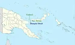 Carte du détroit de Dampier entre l'île Umboi de la Nouvelle-Bretagne et reliant la mer de Bismarck au nord à la mer des Salomon au sud.