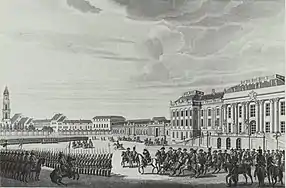 Parade militaire dans le jardin public de Potsdam (vers 1806), gravure, Dresde, Bibliothèque du Land de Saxe.