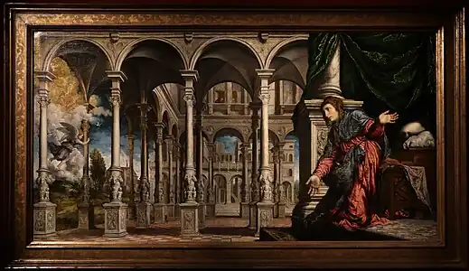 Peinture. L'ange arrive au second plan dans un vaste complexe de colonnes, Maris étant placée au premier plan à droite.