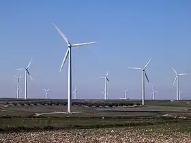 Un parc éolien composé d'une douzaine d'éoliennes blanches à trois pales.
