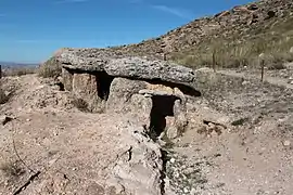 Dolmen 134, trapézoïdal à galerie ; il possède les plus grands orthostates et dalles du parc.