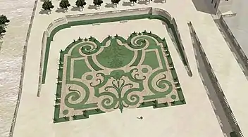 Vue d'artiste en 3D d'un des parterres dessinés par André Le Nôtre pour Issy vers 1685-1690.