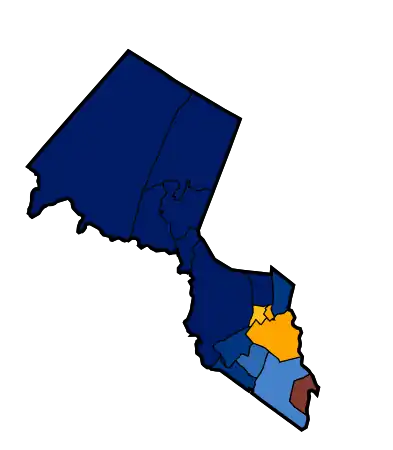 Groupe ethnique majoritaire par localité :Hispaniques 40-50 %Hispaniques 50-60 %Hispaniques 70-80 %Blancs non hispaniques 50-60 %Blancs non hispaniques 60-70 %Blancs non hispaniques 70-80 %Blancs non hispaniques 80-90 %