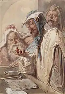 Gulliver dans la main d'un des trois géants philosophes de l'île de Brobdingnag