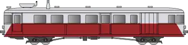 Autorail avec un bas de caisse rouge foncé et un haut de casse gris clair.