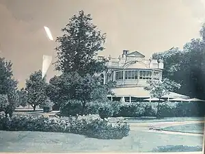 Peinture représentant le Pavillon Élysée. Date inconnue. Artiste « Duvergé BE » (à confirmer).