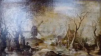 Roelandt Savery (1576-1639), Paysage de neige au moulin à vent • ca 1600.