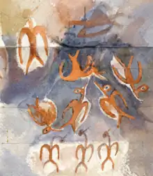 L'aquarelle représente dix oiseaux et le tracé d'un bâteau. De bas en haut : trois oiseaux semblent debout sur leur pattes, au centre quatre oiseaux tournants l'un autour de l'autre, trois autres oiseaux plus en hauteur. L'oiseau le plus haut est peint par dessus le tracé d'un bâteau.