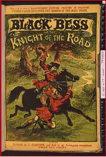 Tons rouges ; en forêt, homme à cheval, un autre s'agrippant à lui, impression de mouvement et de clinquant.