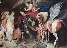 Persée touche le bras d'Andromède. Il tient dans la main gauche un bouclier portant le masque de Gorgone et a derrière lui Pégase. La scène est entourée d'amours. Tout en bas, la gueule du monstre agonisant.