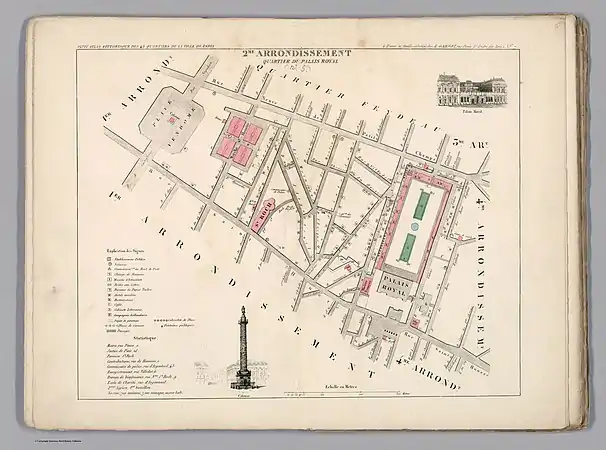 Plan du quartier du Palais Royal dans l'ancien 1er arrondissement en 1834.