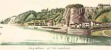 À droite, le château actuel avec le pont vers le rocher où se dressait autrefois l'ancienne forteresse. (Philippe van Gulpen (nl), milieu du xixe siècle)