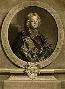Portrait de Balthazar-Henry de Fourcy gravé par Pierre Drevet d'après Hyacinthe Rigaud. Il s'agit d'une gravure sur cuivre en trompe-l'œil : un socle soutient un cercle sur le pourtour duquel est gravé "Balthazar Henricus de Fourcy doctor et socius sorbonus abbas sancti Wandregisilii, et dans lequel se tient le sujet en buste, de trois-quarts face..