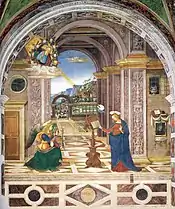 Pinturicchio,L'AnnonciationFresques de la chapelle Baglioni(l'autoportrait est à l'extrême droite)