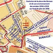 Place des Buisses sur fond de plan de 1930
